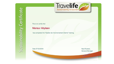 Travelife Certificate of Environmental Management and Internal Impact
